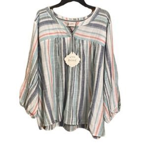 Knox Rose | Size 4X Striped Bishop/Peasant 3/4 Sleeve Embroidered Blouse